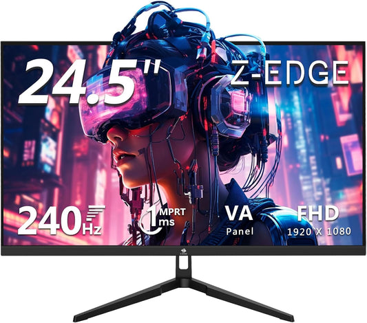 Z-Edge Gaming Monitor 24.5'', 240Hz, 1ms, FreeSync, FHD(1920x1080), PC Display with Ultra-Thin Bezel, 5000:1, 2*HDMI2.0 &DP1.4, Adjustable Tilt, VA, RGB Light, VESA 100*100mm(DP Cable Included)