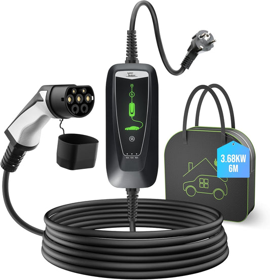 Teskee EV Charger Type 2 Portable EV Cars Thuislaadstation Wallbox met indicatielampje Draagtas voor alle elektrische voertuigen en plug-in hybride auto's 3,6 kW 10/13/16Amp 6 meter Schuko-stekker