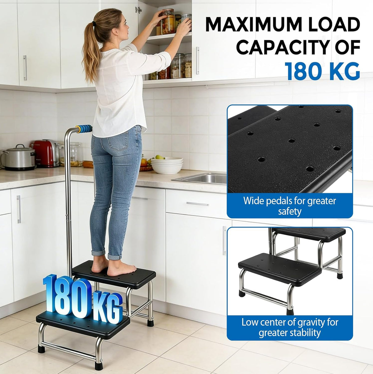 Opstapkruk met handgreep, treeplank voor campers met antislip platform en rubberen voetjes, voor senioren/huisdieren, voor badkamer/keuken/camper
