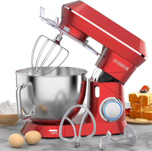 DOBBOR Staande mixer, 8,5 l, 1500 W, 7 snelheden, voedselmixers voor bakken, bakken, koekjes, cake, elektrische keukenmixers met douchehaak, whisk, beater, spatbescherming en mengkom,