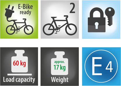 LAS 12011LAS Premium Bicycle Carrier E-Bike Rack Fully Pre-Assembled, Anti-Theft Protection, for 2 Bikes, Tow Bar - QUORE