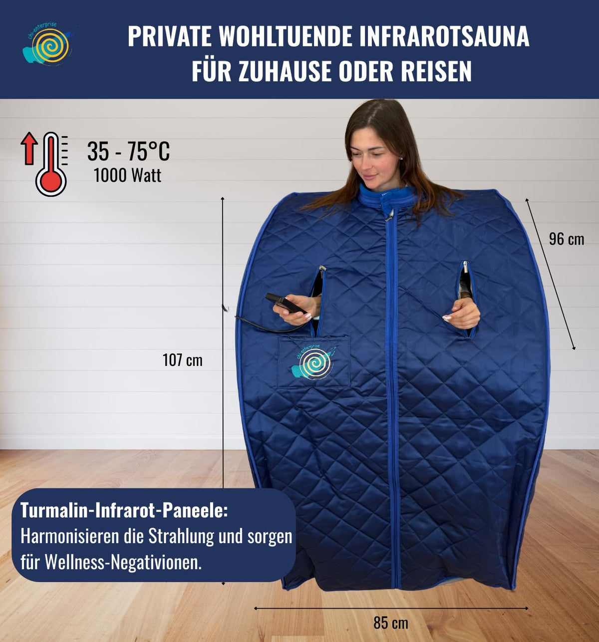 CHI-ENTERPISE Tourmaline Infrared Sauna XL Deluxe in Dark Blue Portable Folding Sauna for One Person Including Folding Chair | 107x96x85 | 1000 Watt - QUORE