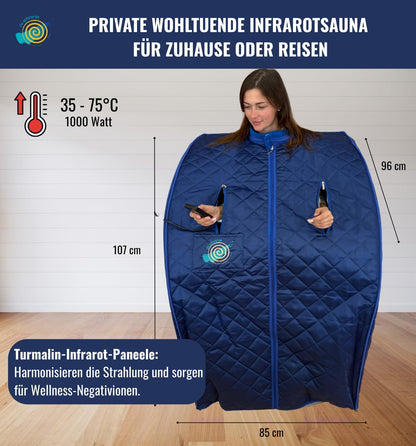 CHI-ENTERPISE Tourmaline Infrared Sauna XL Deluxe in Dark Blue Portable Folding Sauna for One Person Including Folding Chair | 107x96x85 | 1000 Watt - QUORE