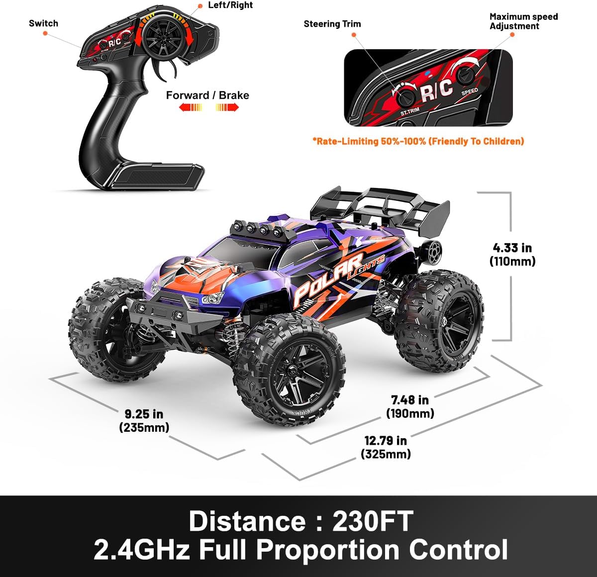 Op Afstand Bestuurbare Auto 1:14 – RC Auto – Monstertruck – 4WD Auto – Offroad Auto – Snelle 4WD RC Auto 40 km/u – Waterdicht met 2 Oplaadbare 1300mAh Batterijen