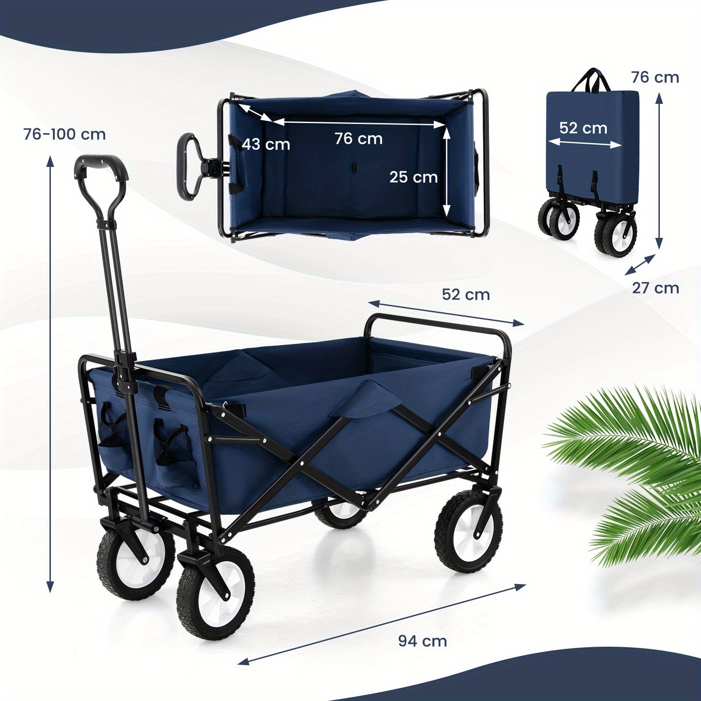 Bolderwagen – Bolderkar – Trekkar – Strandkar – Transportwagen – Opvouwbaar – Met Verstelbare Handgreep – 82L Inhoud – Stevig Metalen Frame – Blauw