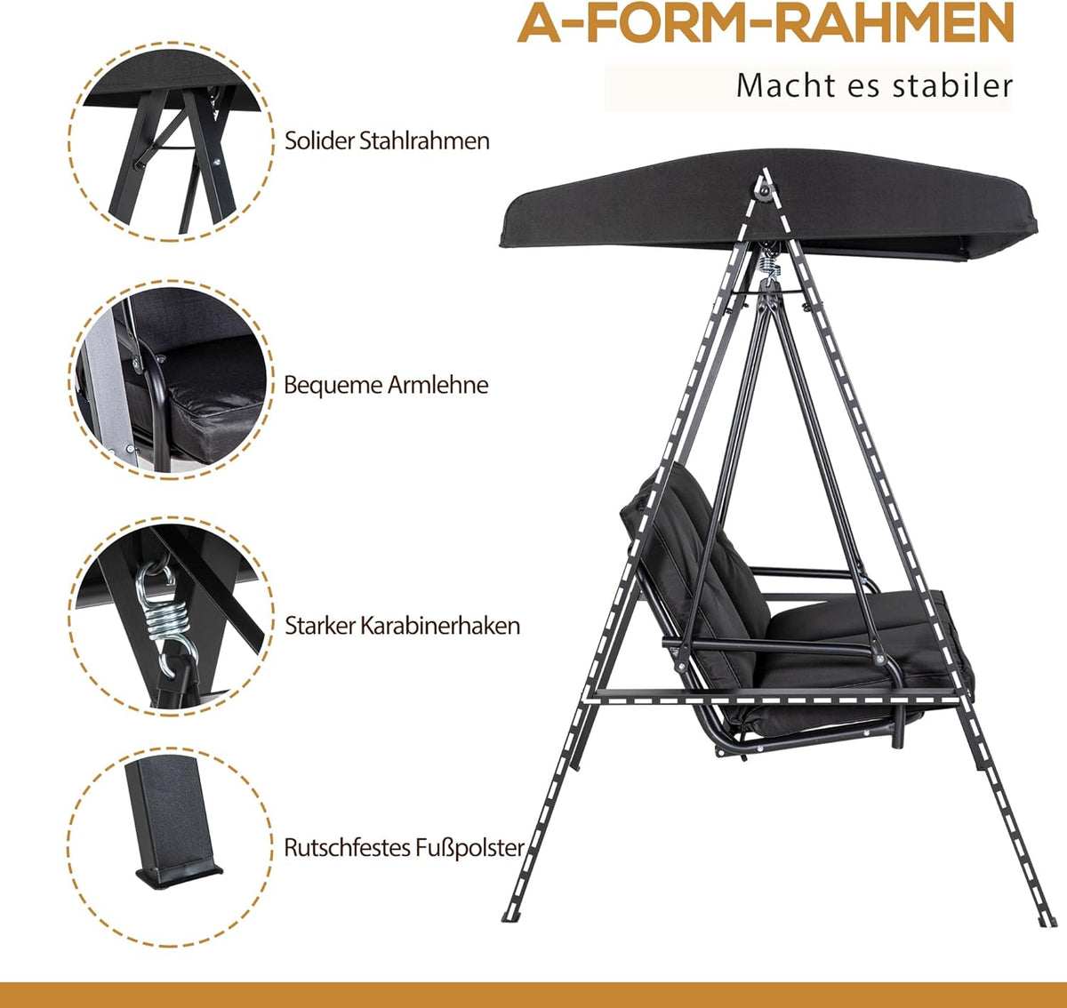 Outsunny Hollywoodschaukel 2-Sitzer Gartenschaukel mit Verstellbarem Dach, Kissen, Schaukelbank bis 220 kg Load Bar, für Garten, Balcony, Schwarz, 145 x 116 x 172 cm - QUORE