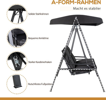 Outsunny Hollywoodschaukel 2-Sitzer Gartenschaukel mit Verstellbarem Dach, Kissen, Schaukelbank bis 220 kg Load Bar, für Garten, Balcony, Schwarz, 145 x 116 x 172 cm - QUORE