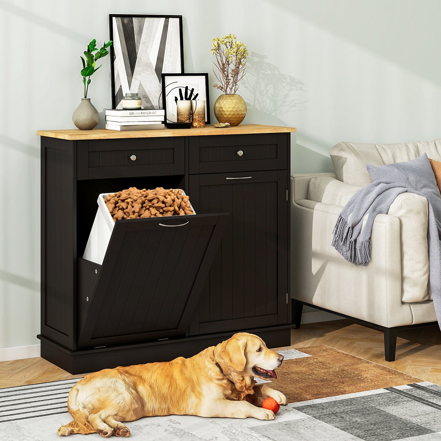 Afvalkastje Keuken – Afvalbak Kast – Afvalcontainer Kabinet – Afvalemmer Opbergruimte – Kantelbare Afvalbak 11 Gallon – MDF En Rubberwood – 2 Lades Met Verstelbare Plank