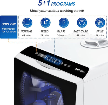 AIRMSEN Mini Tabletop Dishwasher - Improved 6 Programs Portable Countertop Dishwasher No Piping with 2 Water Supply Modes for Kitchen Apartment Outdoor - with Baby Care Mode