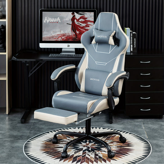 Gamingstoel – Gamestoel – Gaming Chair – Game Stoel – Bureaustoel – Verstelbaar – Met Voetensteun – Ergonomische Lendensteun – Lichtblauw