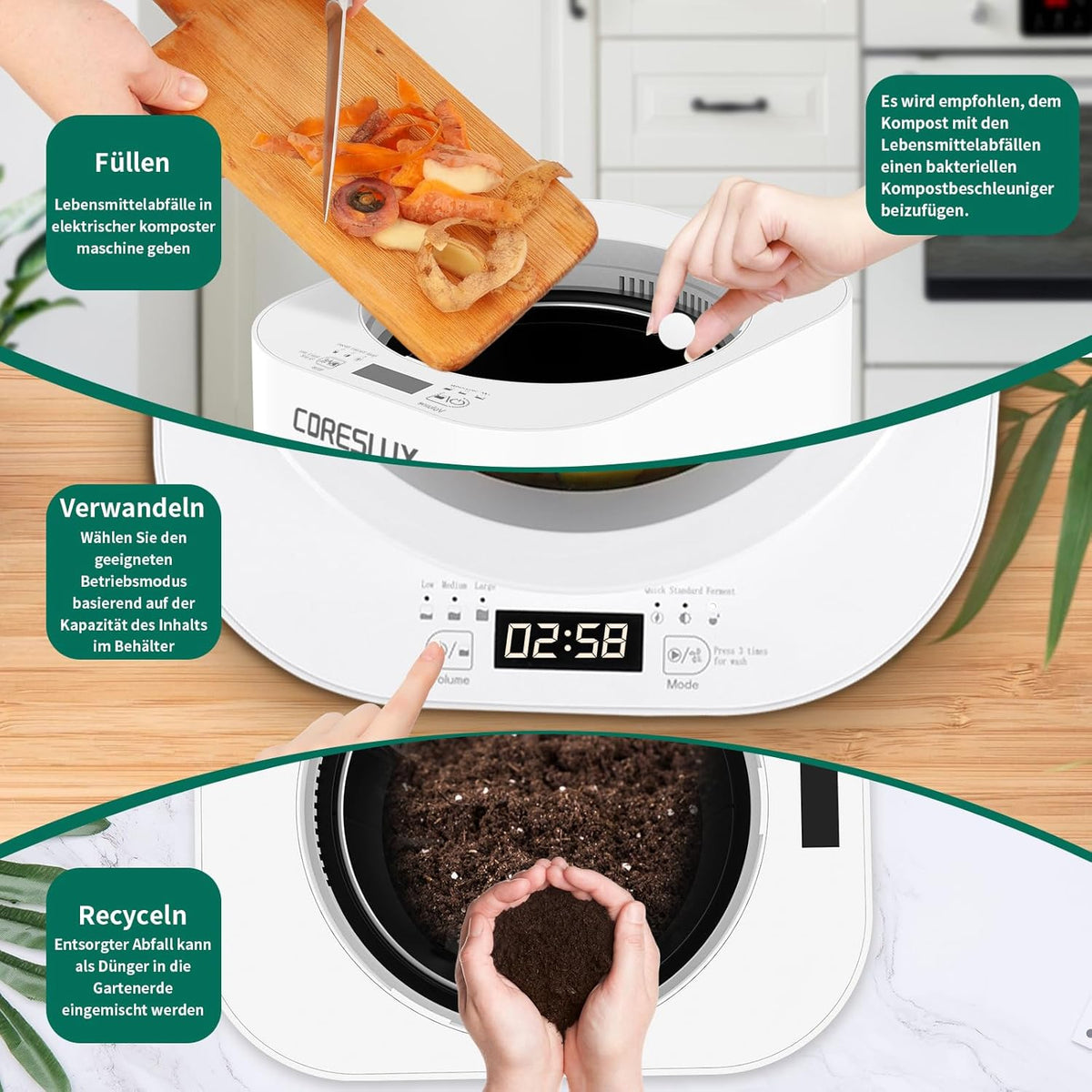 CORESLUX Electric Compost Bin for Kitchen, Transform Food Waste Into Natural Compost,Composter Kitchen, Automatic Kitchen Compost Bin, White - QUORE
