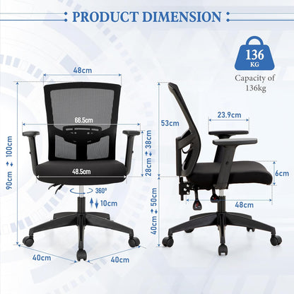 ALPHA HOME Ergonomische stoel van netstof, bureau met gemiddelde rugleuning, computer met verstelbare armleuningen