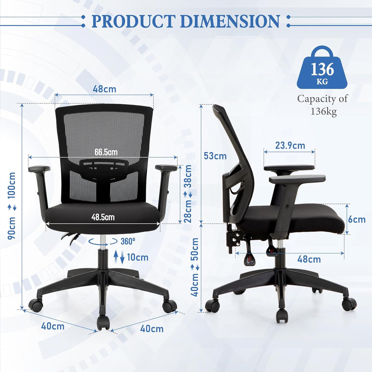ALPHA HOME Ergonomic mesh chair, medium back desk, computer with adjustable armrests