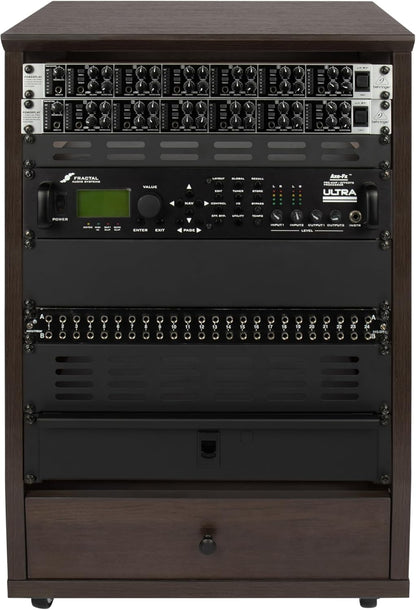 Studiorack – Audiorack – Studio Rack – Rackmeubel – Rackkast – Hoekig Bruin Met Vergrendelbare Wielen – 12U Rackruimte – 25 Mm Multiplex Tot 91 Kg
