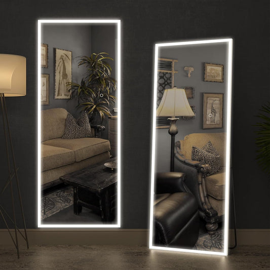CASSILANDO Spiegel in volledige lengte 160 x 50,8 cm met ledlampen, staande vloerspiegel, wandspiegel, variabele kleur en helderheidsinstelling voor slaapkamer, led, wit met standaard