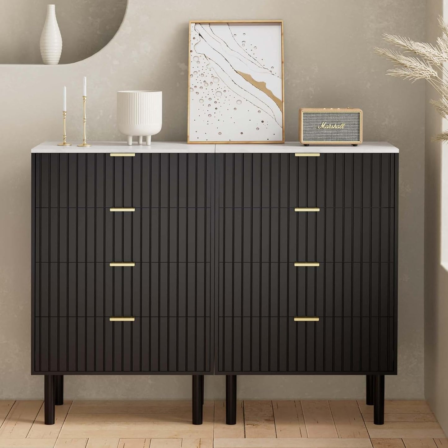 Ladekast – Dressoir – Opbergkast – Commode – Ladekast met 4 Laden – Scandinavisch Design – Kleurig Marmeren Blad – 60x34x93 cm – Zwart Hout en IJzer