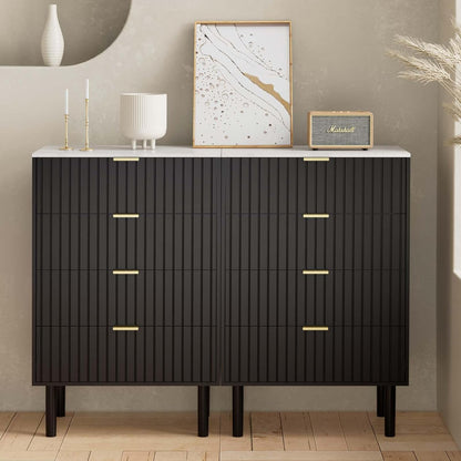 Ladekast – Dressoir – Opbergkast – Commode – Ladekast met 4 Laden – Scandinavisch Design – Kleurig Marmeren Blad – 60x34x93 cm – Zwart Hout en IJzer
