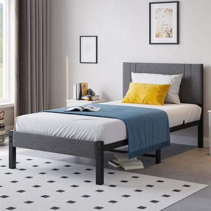 DUMEE Bedframe voor eenpersoonsbed, van metaal met hoofdeinde en plank, 0,9 m, gevoerd metalen frame met verbeterde ondersteuning, geen veren, geen lawaai, eenvoudige montage, grijs