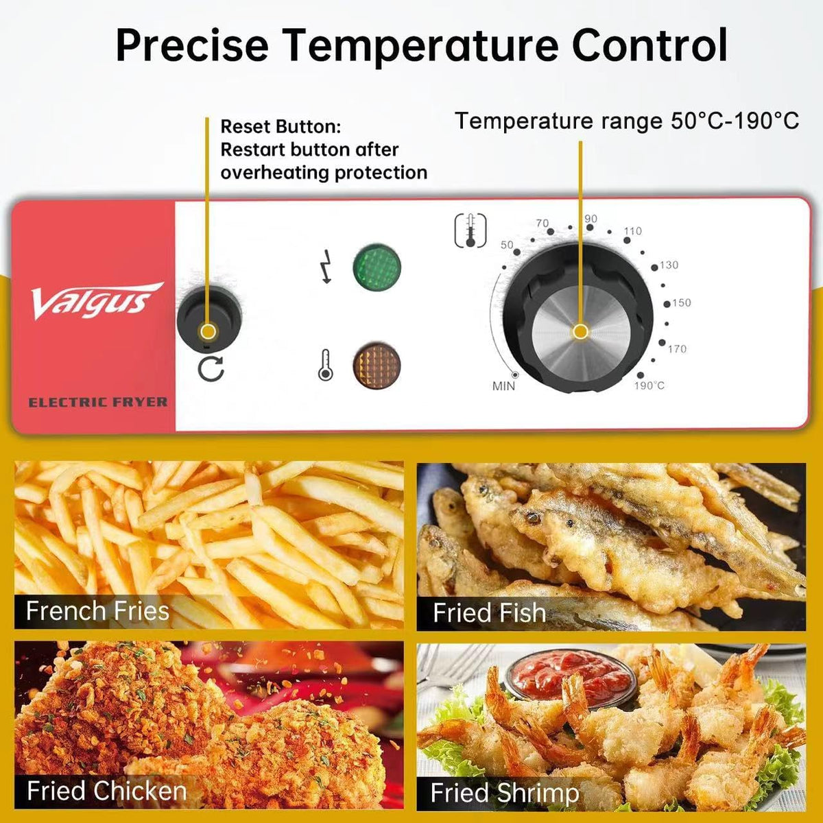 Valgus Commerciële elektrische friteuse van roestvrij staal, 3300 W, 13 l, grote keukenfriteuse met mand en deksel, afvoersysteem