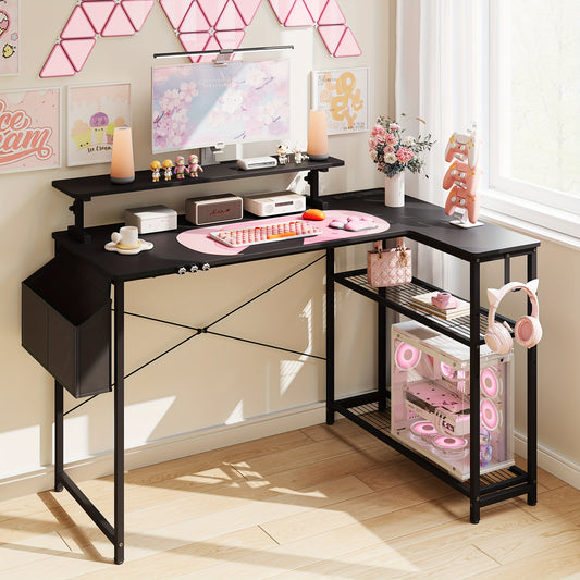 L-vormig Bureau – Computerbureau – Gaming Desk – Werkplek Bureau – Hoekbureau – Stevig Metalen Frame – Ingebouwde Monitorplank & Zij-opbergkast – Zwart