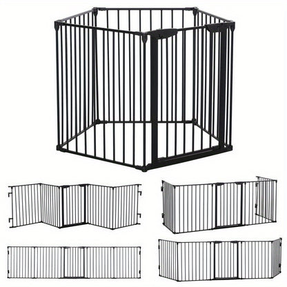 2-in-1 Pet Playpen, Foldable Safety Gate, Metal, 300 x 3 x 74.5cm, Black, Foldable Playpen, Pet Playpen for Dogs, Foldable Pet Play Pen, Pet Containment, Indoor Pet Enclosure, Spacesaving Pen, Compact Playpen, Durable Playpen