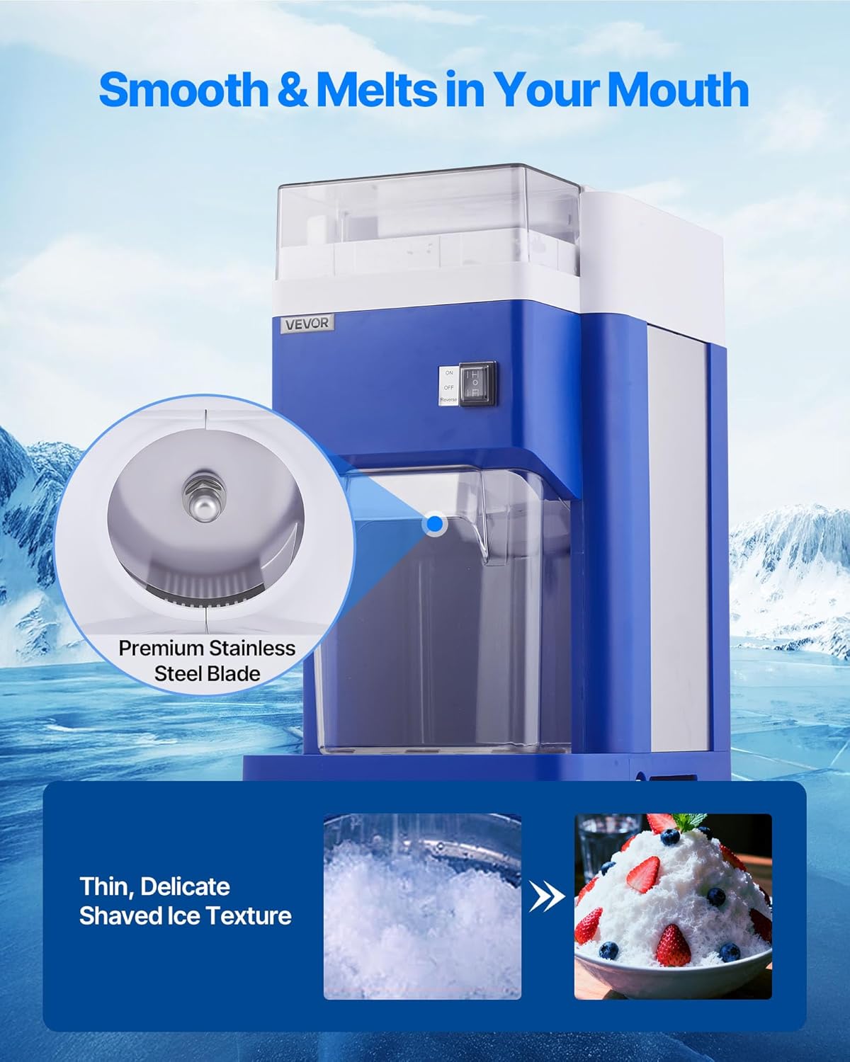 VEVOR Commerciële ijsscheermachine, sneeuwegelmachine, 1,8 l, fijn en luchtig met 300 W motor en roestvrijstalen messen, commerciële ijscrusher voor dessertwinkels, familiebijeenkomsten, restaurant