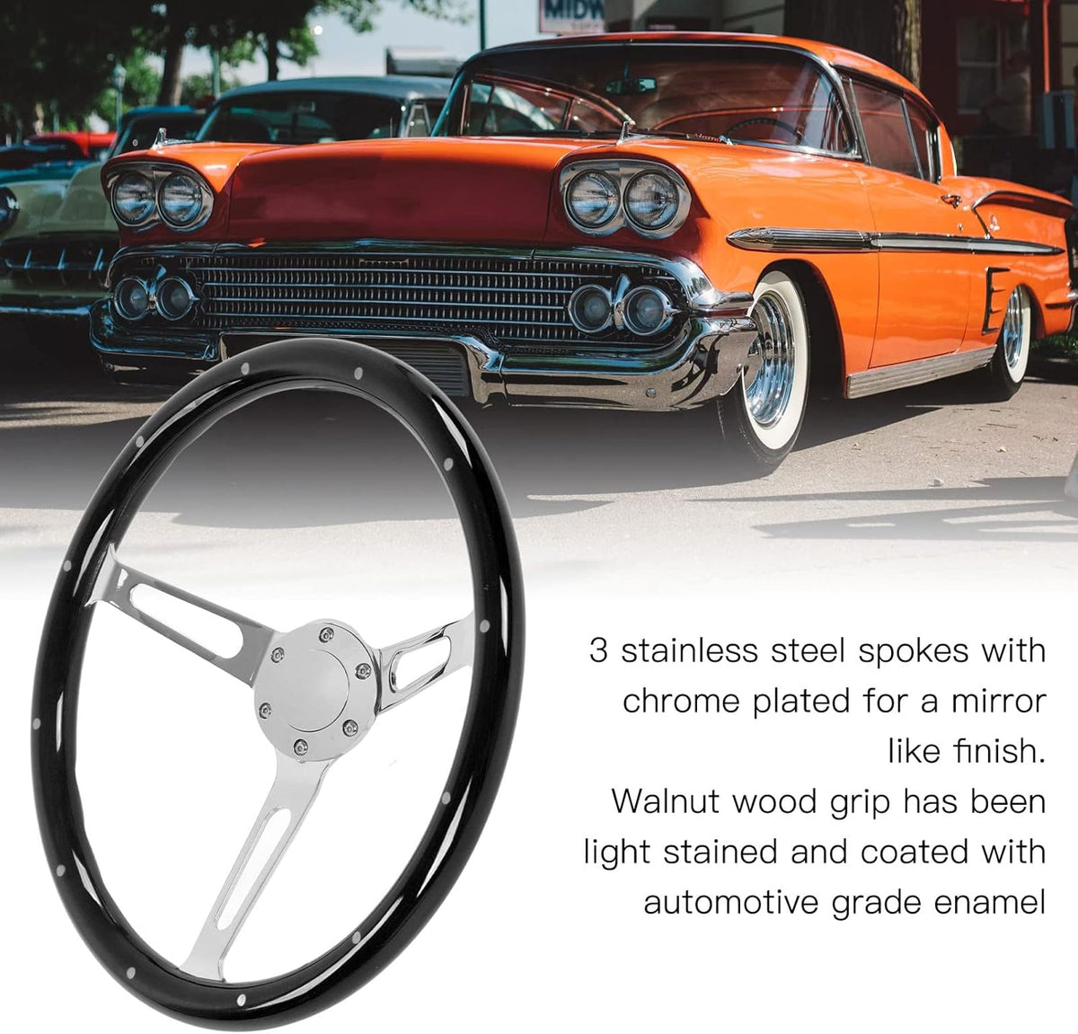 Vintage Houten Stuurwiel – Klassiek Stuur – Retro Stuurwiel – Auto Stuur – Universeel Stuurwiel – 380 MM Diameter – Walnotenhout Met Chromen Spaken