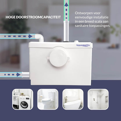 Aquamatix compacte hefinstallatie 600 W met vermaler, afvalwaterpomp tot 10 m opvoerhoogte, met 3 inlaten, voor WC, douche en wastafel