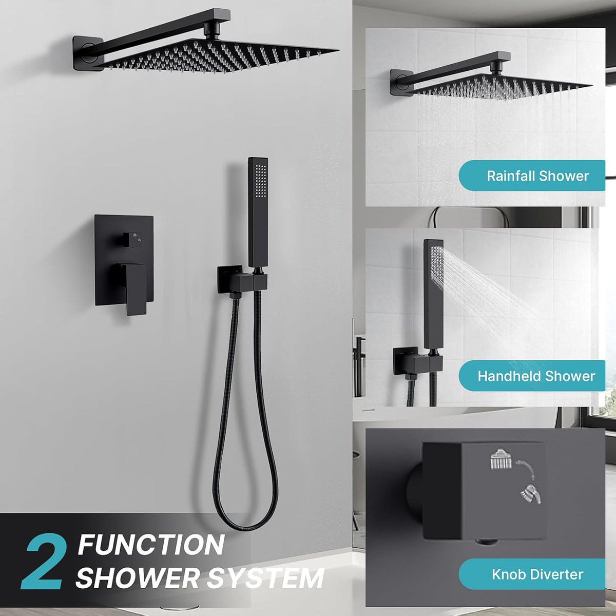 Inbouw douchearmatuurset – Inbouwdouchesysteem – Doucheset – Regendoucheset – Douchekraanset – Matzwart – 10 inch 25 x 25 cm regendouchekop – Handdouche met 150 cm RVS slang