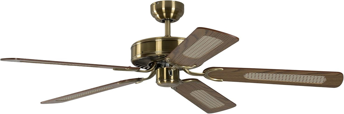 Potkuri Plafondventilator zonder verlichting, behuizing messing antiek, omkeerbare vleugels eiken of eiken met rotaninzet, 132 cm, voor ruimtes tot 25 m²