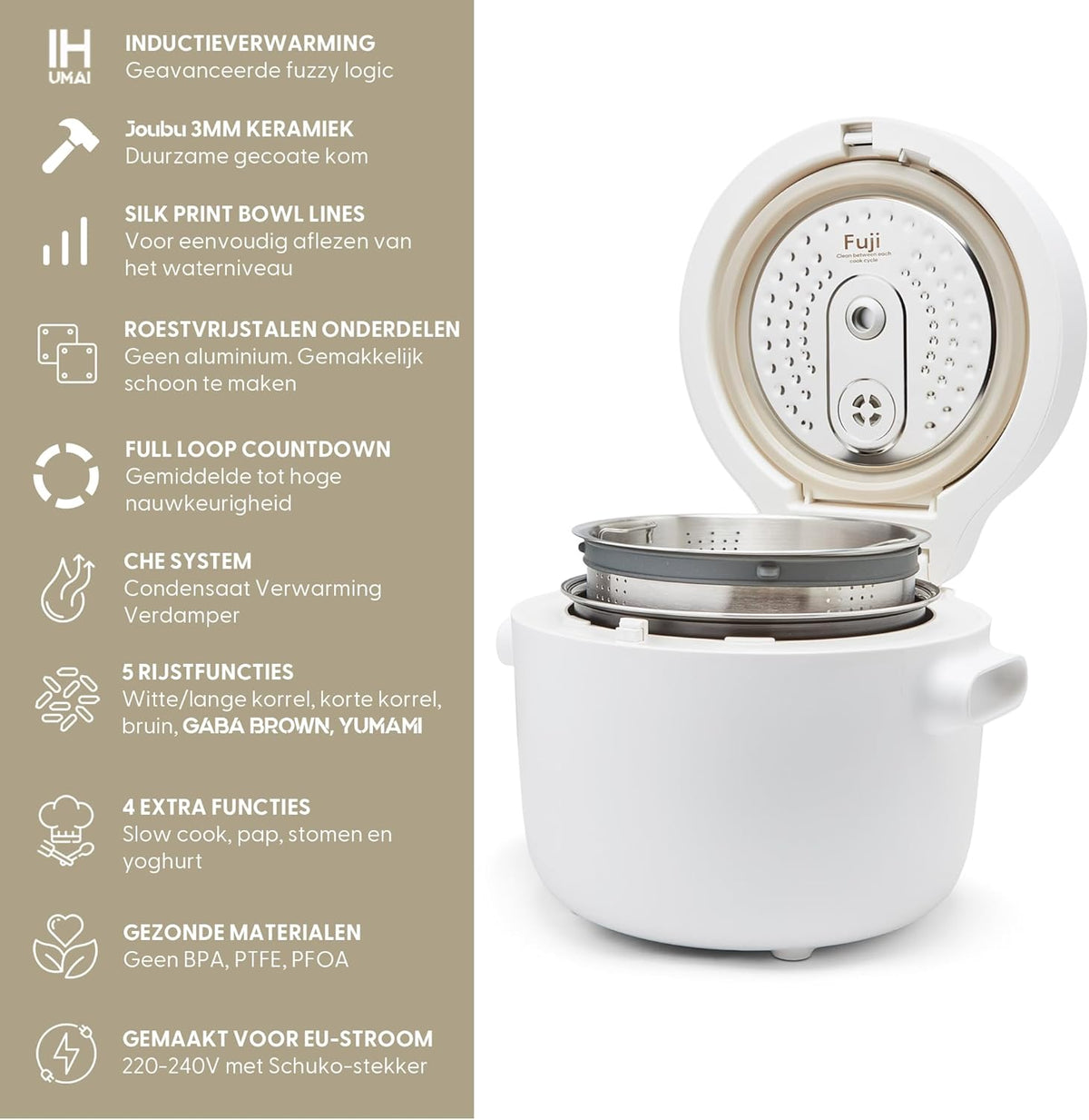 Yum Asia Fuji rijstkoker met inductieverwarming (IH) en keramische kom (5 kopjes, 1,0 liter), 7 rijstkookfuncties, 5 multicooker-functies, led-display, 220-240 V