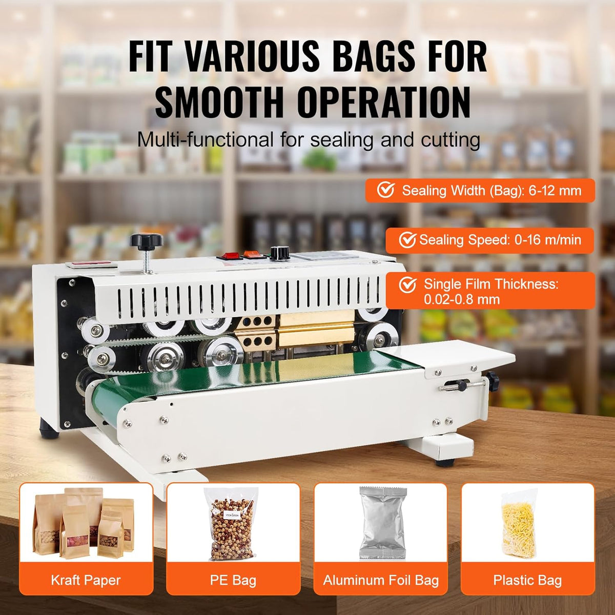 Zakkensealer – Bandsealer – Continue Sealmachine – Zakverzegelaar – Folieverzegelaar – Horizontale Verzegeling – Digitale Temperatuurregeling – Tel- En Printfunctie