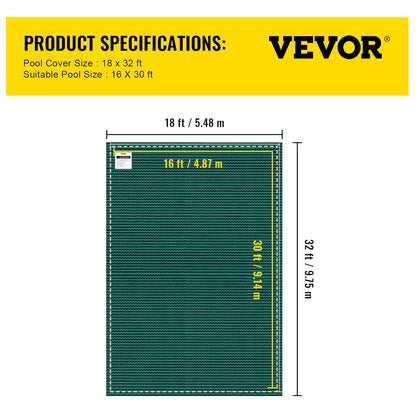 VEVOR Veiligheidsafdekking voor ingegraven zwembaden, 4,9 x 9 m, groen net, veiligheidsdeken, afmetingen 5,5 x 9,8 m, met installatiegereedschap voor winterzwembad, bestand tegen zon, wind