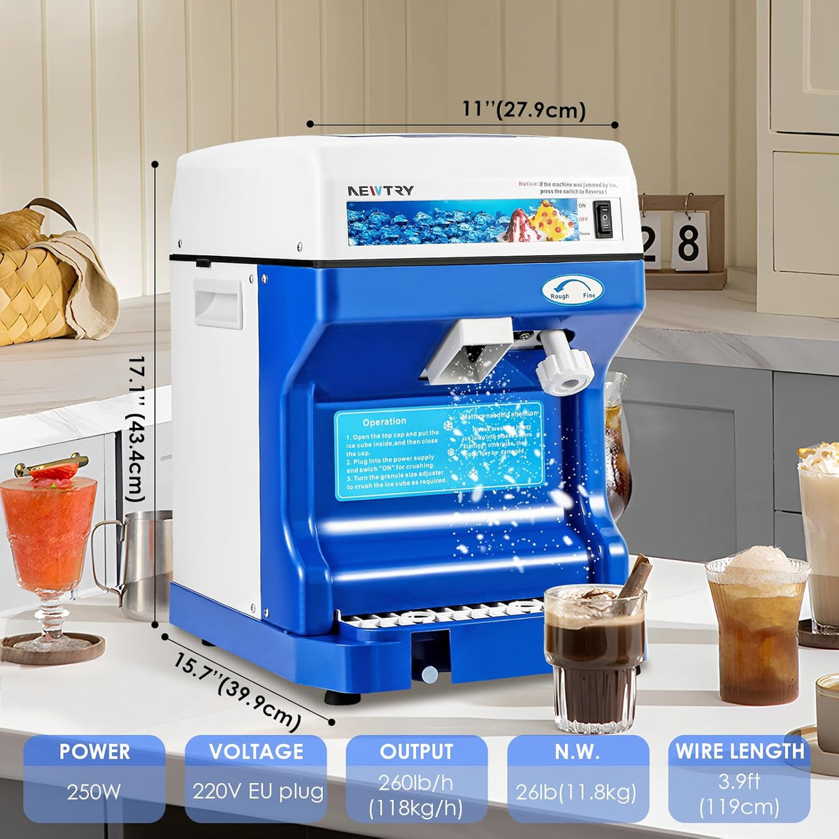 Elektrische IJsmolen – IJscrusher – Ijsmachine – IJsblokjesmolen – Ijsschaver – 250W Motor – Instelbare Dikte