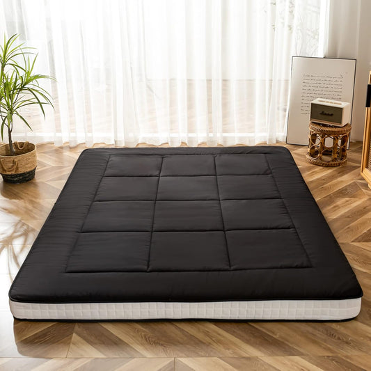 Maxyoyo Futon matras, gewatteerde Japanse vloermatras, quilted bedtopper, extra dik opvouwbaar slaapkussen, ademend vloerligbed, logeerbed, slaapbank (zwart, kingsize)