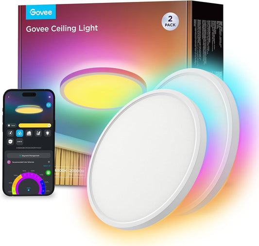 Govee Plafondlamp RGBIC Smart, 24 W, diameter 30 cm, dimbaar, led-plafondlamp, met 16 miljoen doe-het-zelf kleuren, werkt met Alexa en Google Assistant, plafondverlichting voor slaapkamer, 2 stuks
