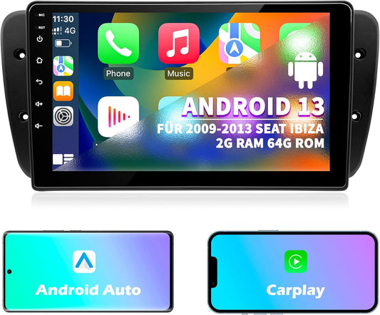 Autoradio voor Seat Ibiza 6J 2009 2010 2011 2012 2013, Android 13 GPS FM 2+64G, 9 inch touchscreen, Ondersteunt navigatie Carplay Android Auto Bluetooth 5.0 WiFi Spraakgestuurde Radio