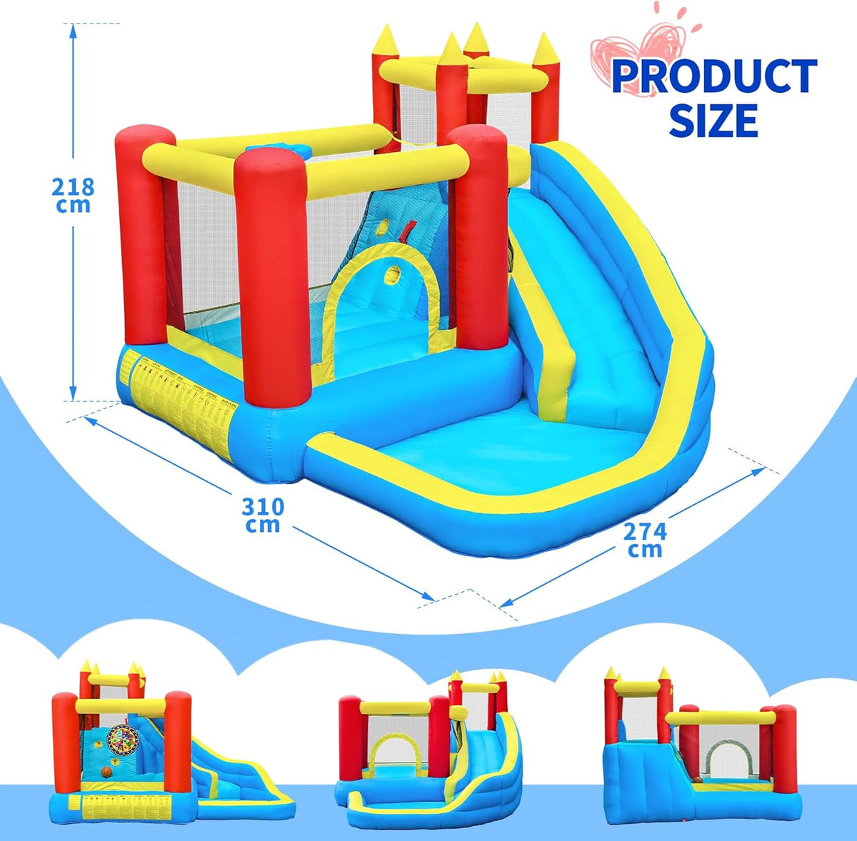 springkasteel voor kinderen met glijbaan en klimwand, opblaasbaar springkasteel met ingebouwde ventilator, binnen en buiten springmat voor kinderen Bouncy Castle 3-10 jaar 274 x 310 x 218
