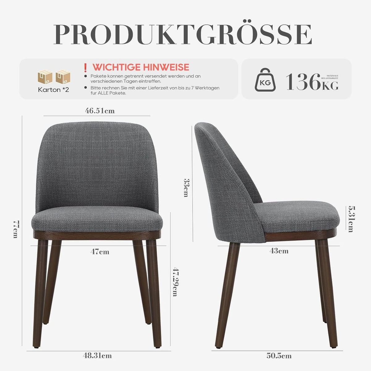 COLAMY Set van 4 gestoffeerde eetkamerstoelen, moderne keukenstoelen met rugleuning, stoffen stoel met houten poten voor eetkamer, keuken, restaurant, lichtgrijs