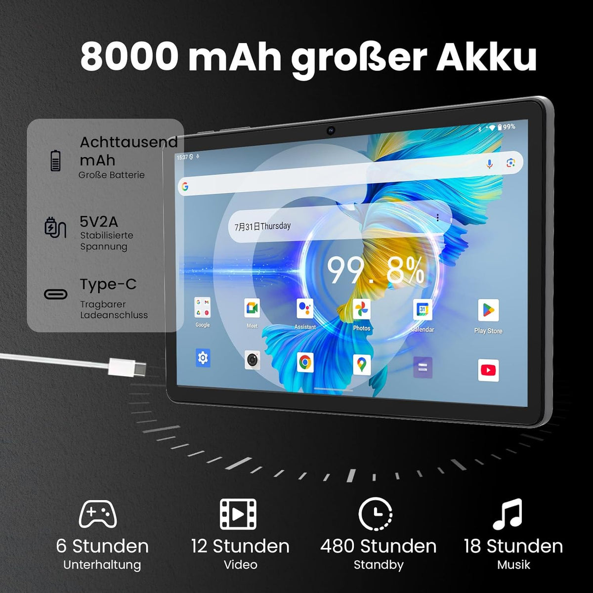 Android 16-tablet, 11 inch tablet,32GB + 128GB, uitbreidbaar tot 1TB, productiviteitsbundel met toetsenbordhoes, stylus, octa-coreprocessor, dubbele camera, wifi 6, 8000mAh-batterij (Nero)