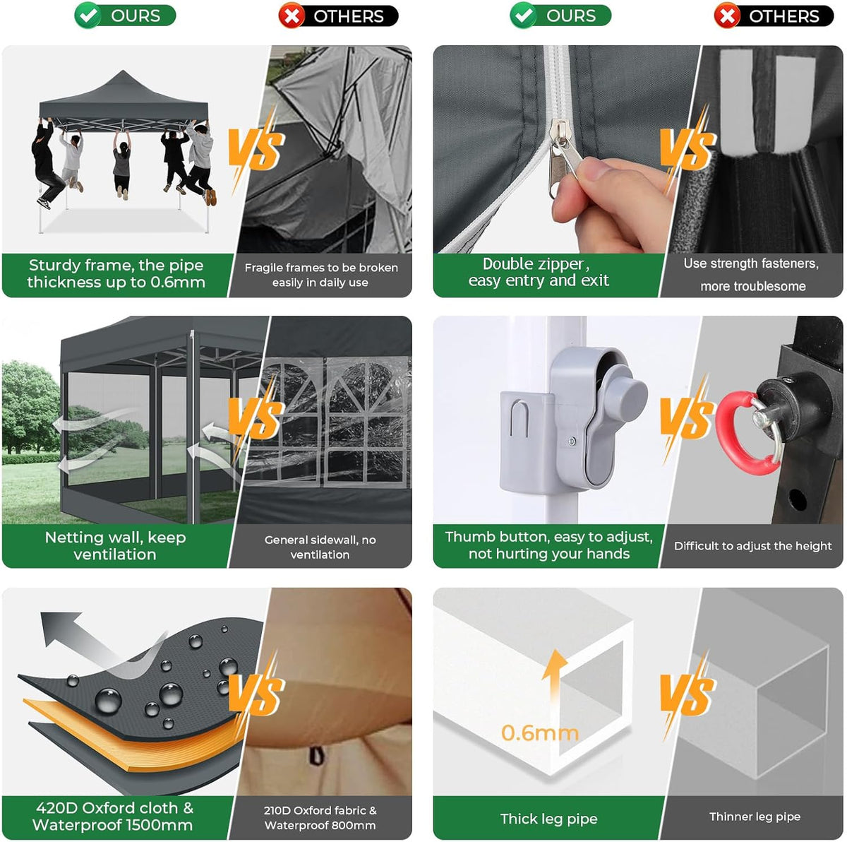 TOOLUCK Heavy Duty pop-up luifeltent met 4 zijwanden, commercieel tuinhuisje, feesttent met klamboe, muur, eenvoudig op te zetten, outdoor instantschermtent voor achtertuin, terras, tuin, grijs