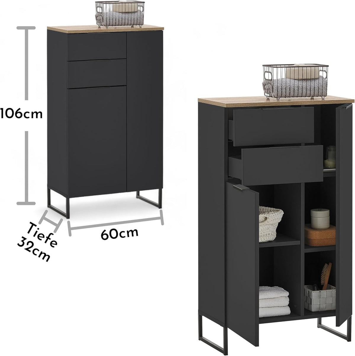 Badkamerkast – Opbergkast – Ladekast – Kast Met Lades – Badmeubel – FSC Gecertificeerd Hout – Soft-Close Lades En Deuren – 60x106x32 cm Matzwart Met Eikenhoutlook