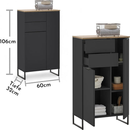 Badkamerkast – Opbergkast – Ladekast – Kast Met Lades – Badmeubel – FSC Gecertificeerd Hout – Soft-Close Lades En Deuren – 60x106x32 cm Matzwart Met Eikenhoutlook