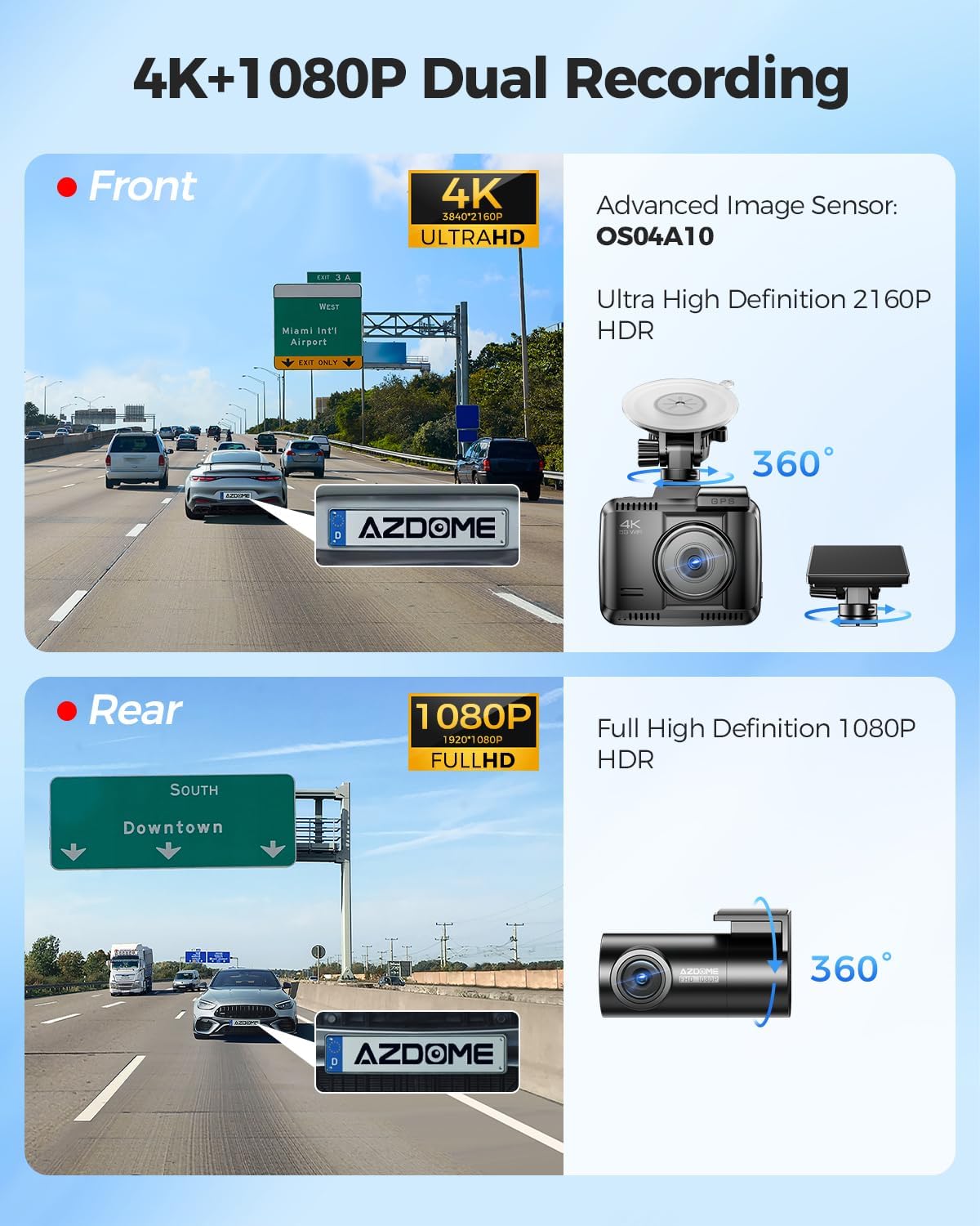 AZDOME 4K + 1080P autocamera, 5Ghz WiFi, 4K dashcamera aan de voorkant, ADAS, 128GB eMMC, HDR nachtzicht, GPS, parkeergroothoeklusopnamemodus (GS63Pro)