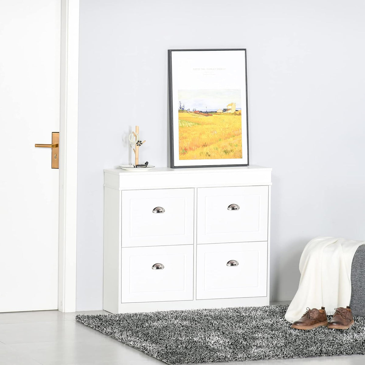 HOMCOM Shoe Cabinet with 4 Drawers Storage Modern Simple Design Cabinet Chipboard MDF White 98 x 24 x 83 cm - QUORE