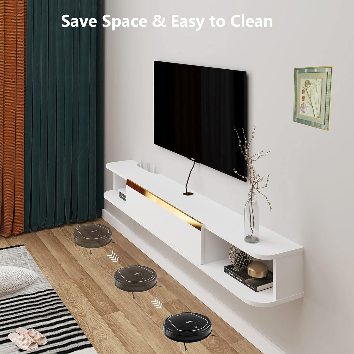 Zwevende tv-plank, wandgemonteerde zwevende tv, centrale entertainmentconsole, thuiskantoor, 120 cm, wit