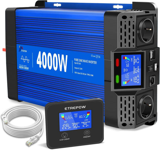4000w/8000W Omvormer Zuivere Sinus Spanningsomvormer 24v 230v Stroomomvormers met 2 EU-stopcontact en 1 USB-poort, Draadloze Afstandsbediening, LCD-Scherm