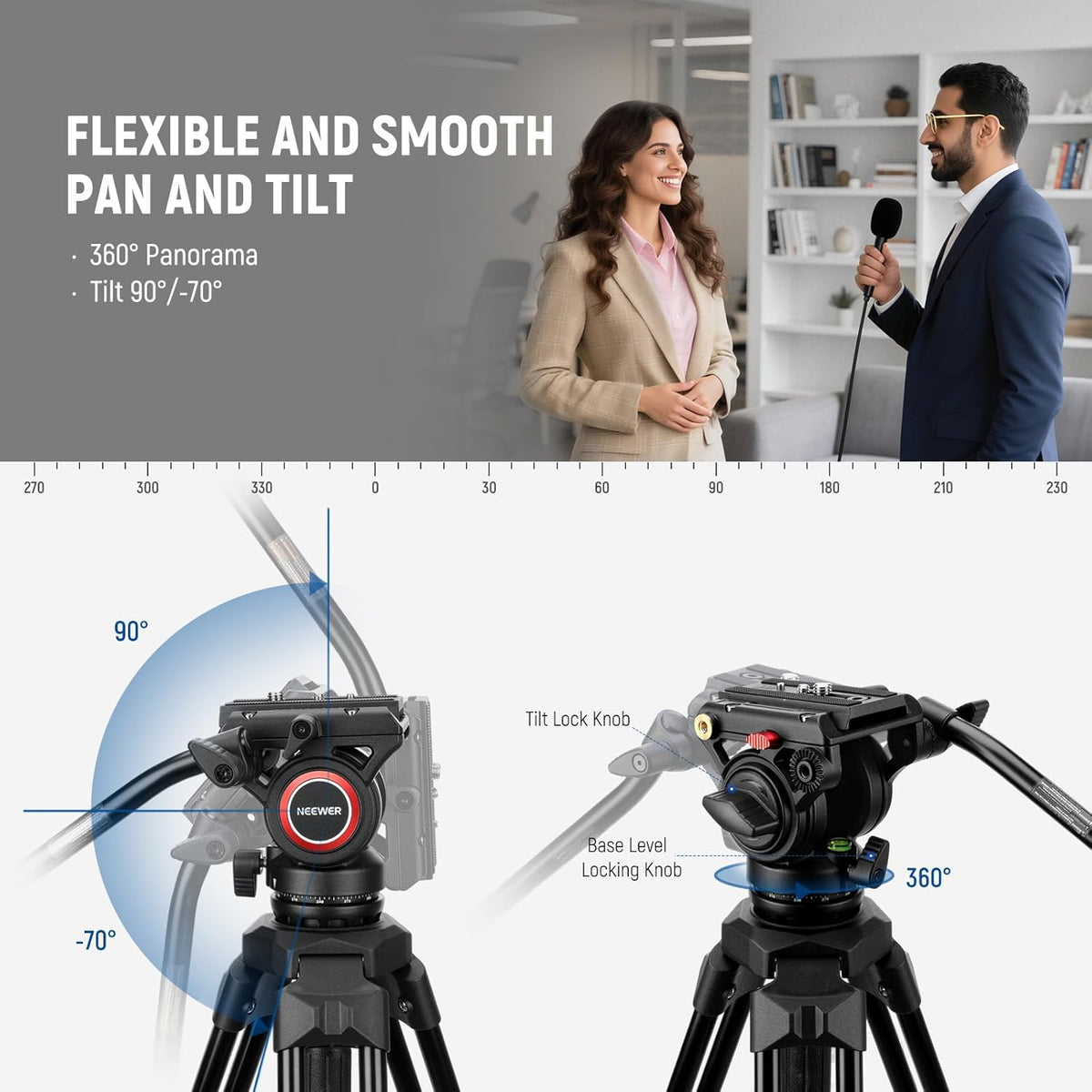 NEEWER Camerastatief met vloeiende kop, robuust, licht, compact, draagbaar, reishouder voor DSLR-camcorder, compatibel met DJI Gimbals, compatibel met Manfrotto QR-platen, max. 13,2 kg, TP73