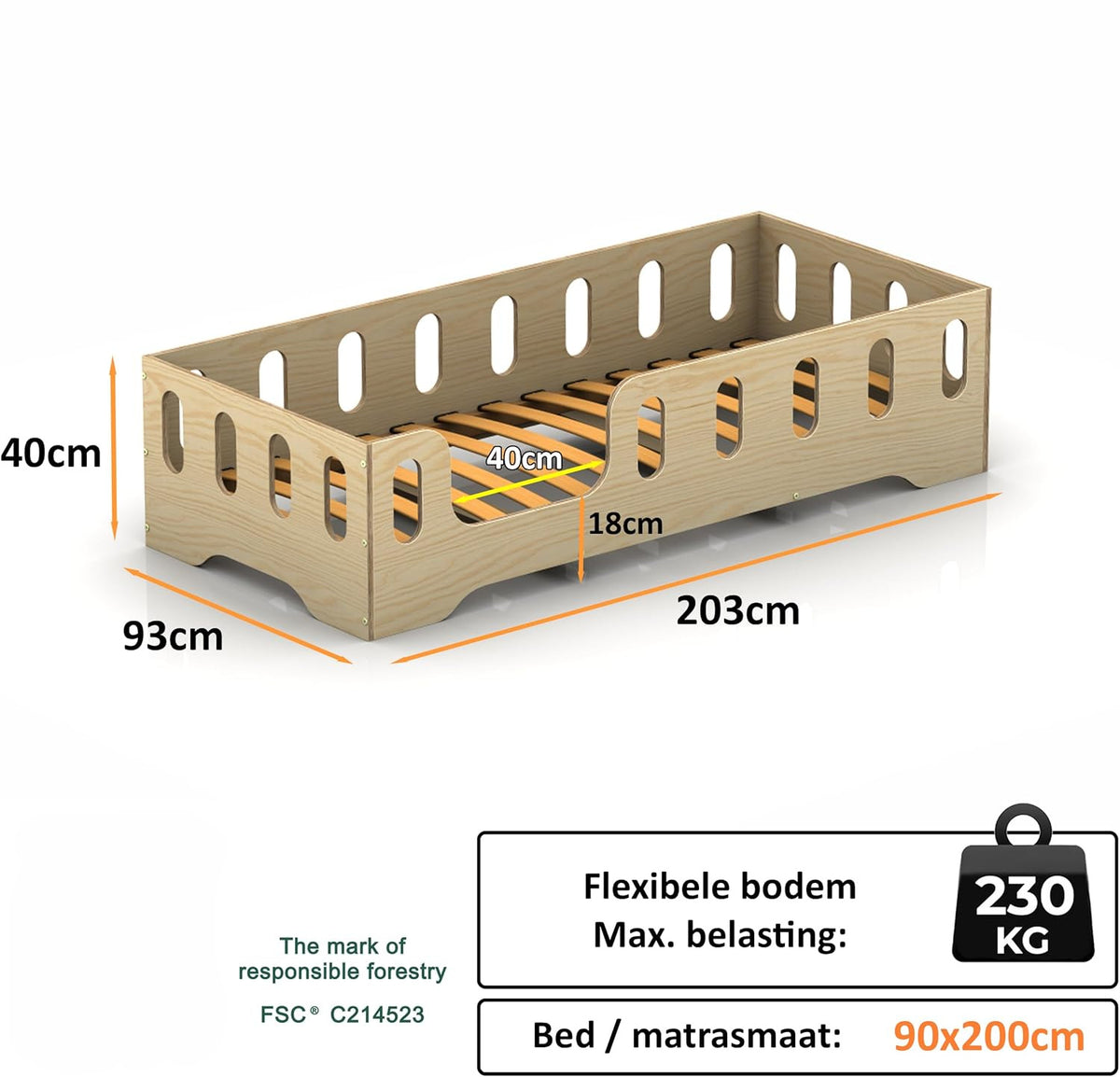 smartwood Children's bed 90 x 200 - Montessori bed made of FSC certified wood, with fall protection and slatted frame, load capacity up to 230 kg - Easy assembly - TILA 2L - QUORE
