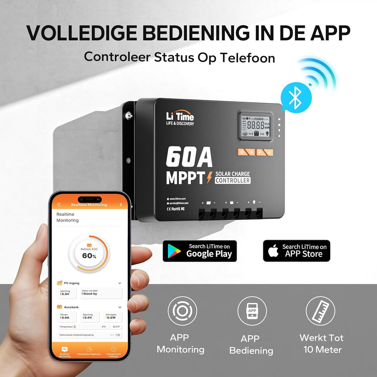 LiTime MPPT zonneregelaar, 60 A, 12 V/24 V/36 V/48 V, max. 3200 W, automatische DC-ingang met bluetooth-adapter, instelbaar lcd-display, led-indicatoren, voor lithiumbatterij